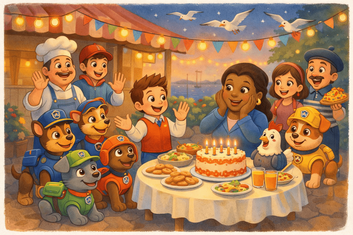 Жители Бухты Приключений и Щенячий патруль устраивают сюрприз-праздник для мэра Гудвей возле кафе мистера Портера.