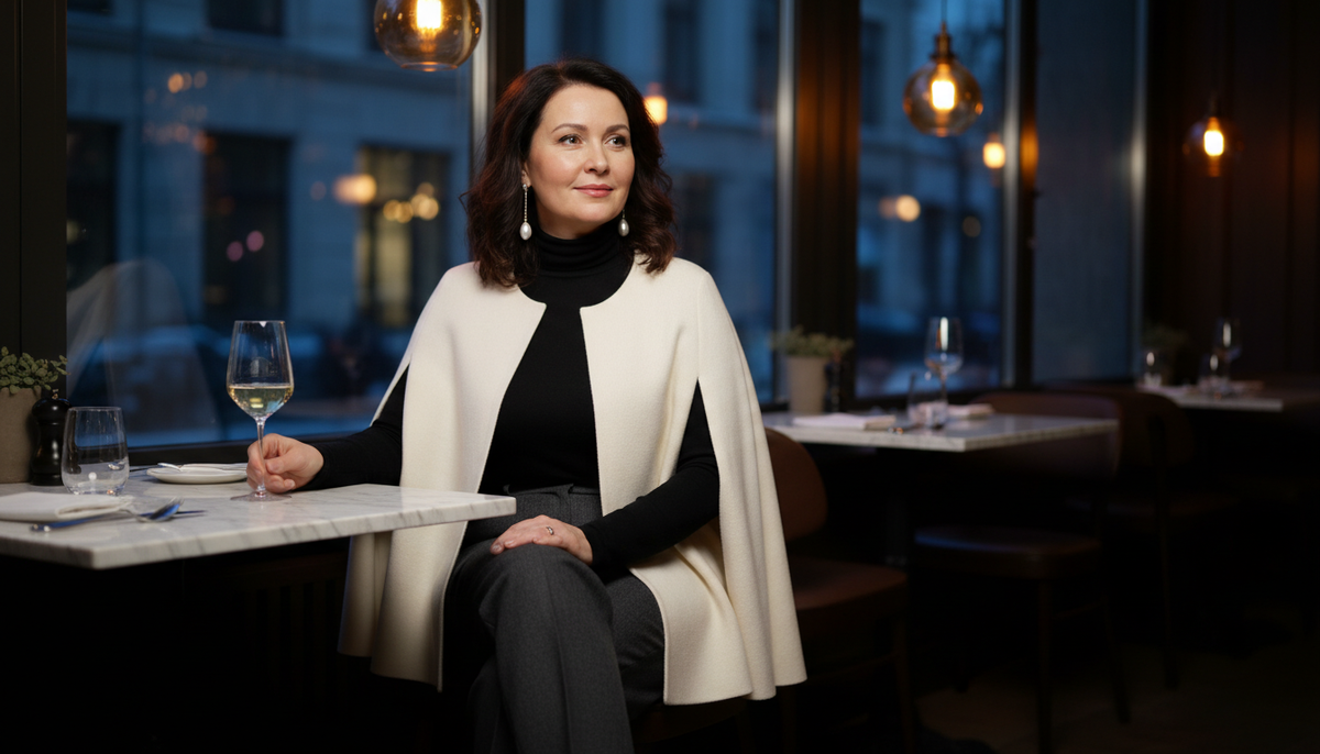 Молочный кейп + тёмно-серые брюки со стрелками - и вечер ваш