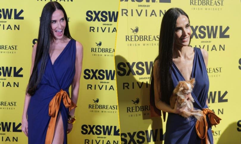    Источник: SXSW Conference & Festivals via Getty Images/Getty Images | Деми Мур удивила SXSW платьем с высоким разрезом и вышла на дорожку с чихуахуа Пилафом