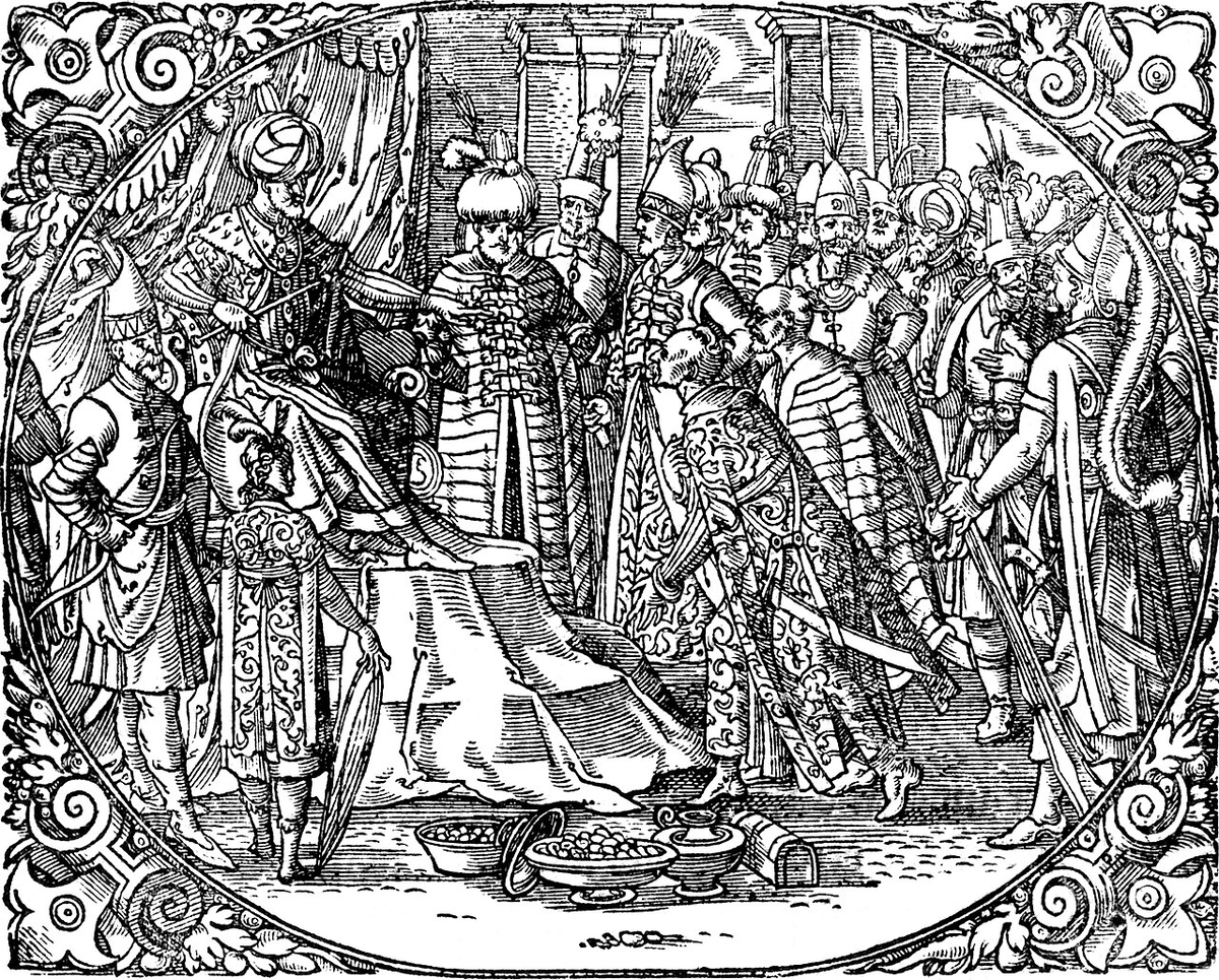 Приподнесение Сигизмундом Герберштейном даров Василию III. Гравюра из франкфуртского издания "Записок о Московии". 1576 г.