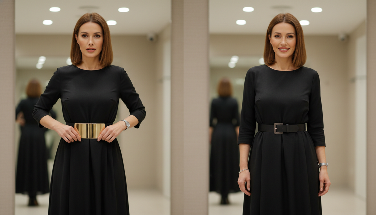 Сравнение: женщина 40+ в платье с широкой пряжкой по центру и с ремнём с компактной пряжкой сбоку — талия выглядит легче