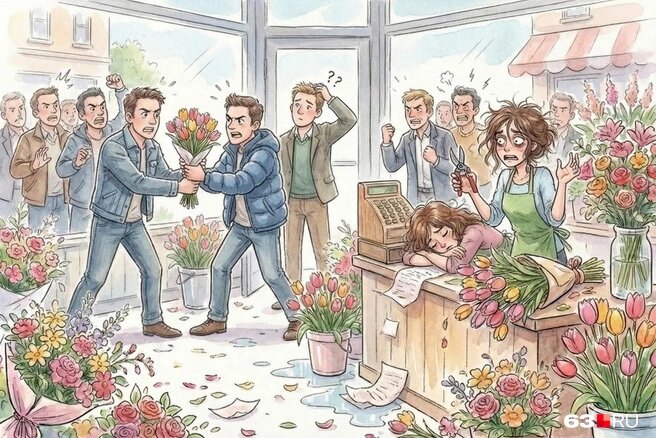 Типичный вечер 7 марта в единственном цветочном магазине на районеИсточник:Юрий Скулыбердин / Городские порталы