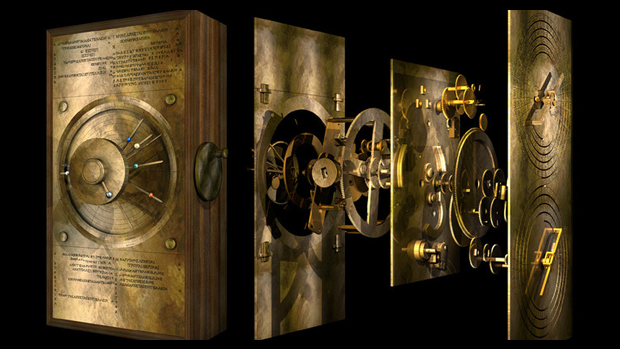 Модель фргамента Антикитерского механизма. Внутри куска корродированной бронзы скрывается система из нескольких десятков шестерен, не имеющая аналогов в последующие полторы тысячи лет. 