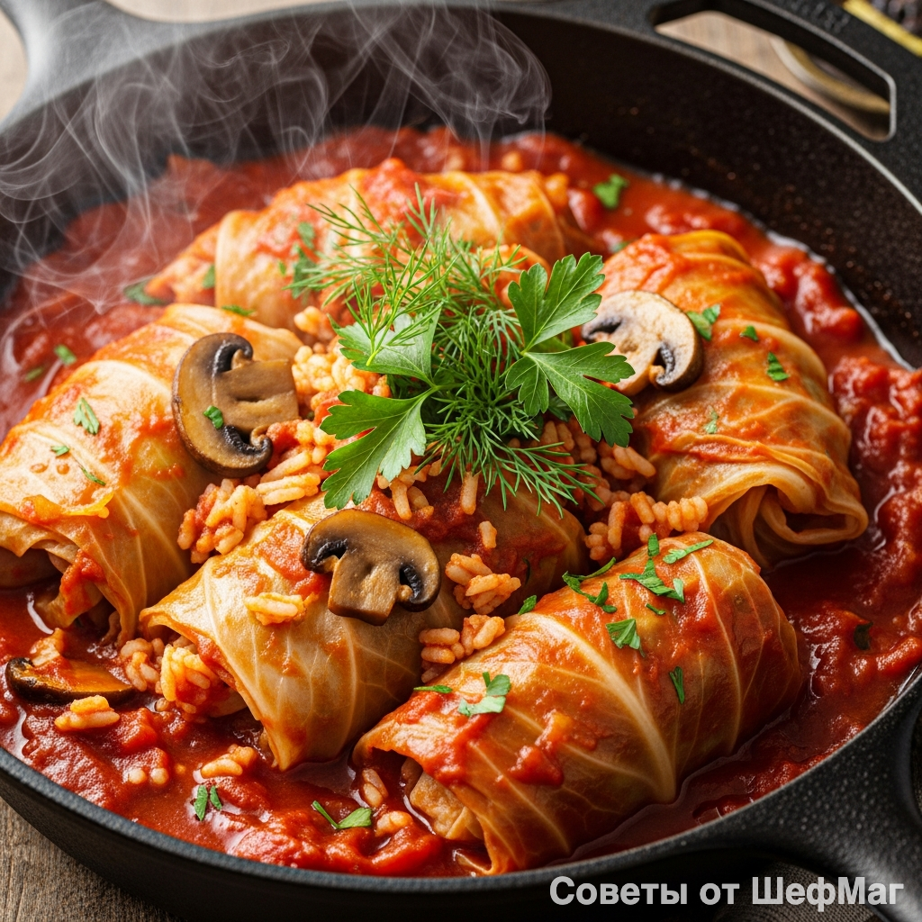 Милые дамы, взгляните на эту аппетитную густоту — голубцы целые и пропитаны соусом.