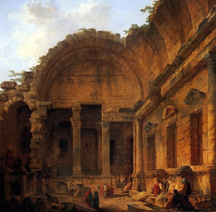 Юбер Робер (1733–1808) «Интерьер Храма Дианы в Ниме», XVIII век. Холст, масло. Размеры: 242 x 242 см. INV. 7649 (MN). Лувр, Париж. Франция. Фото картины взято из открытого источника.