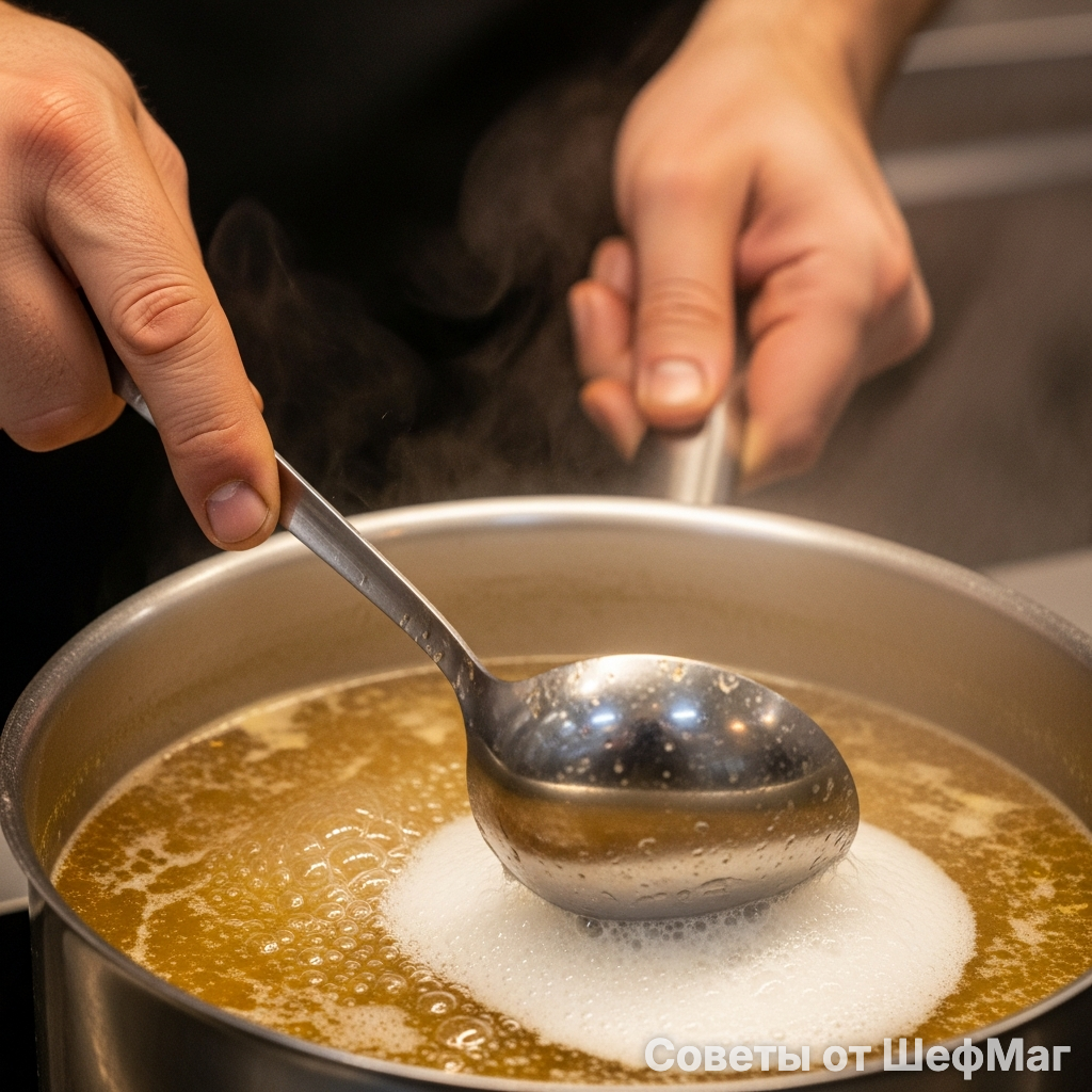 Чистота бульона закладывается в первые 10 минут нагрева.