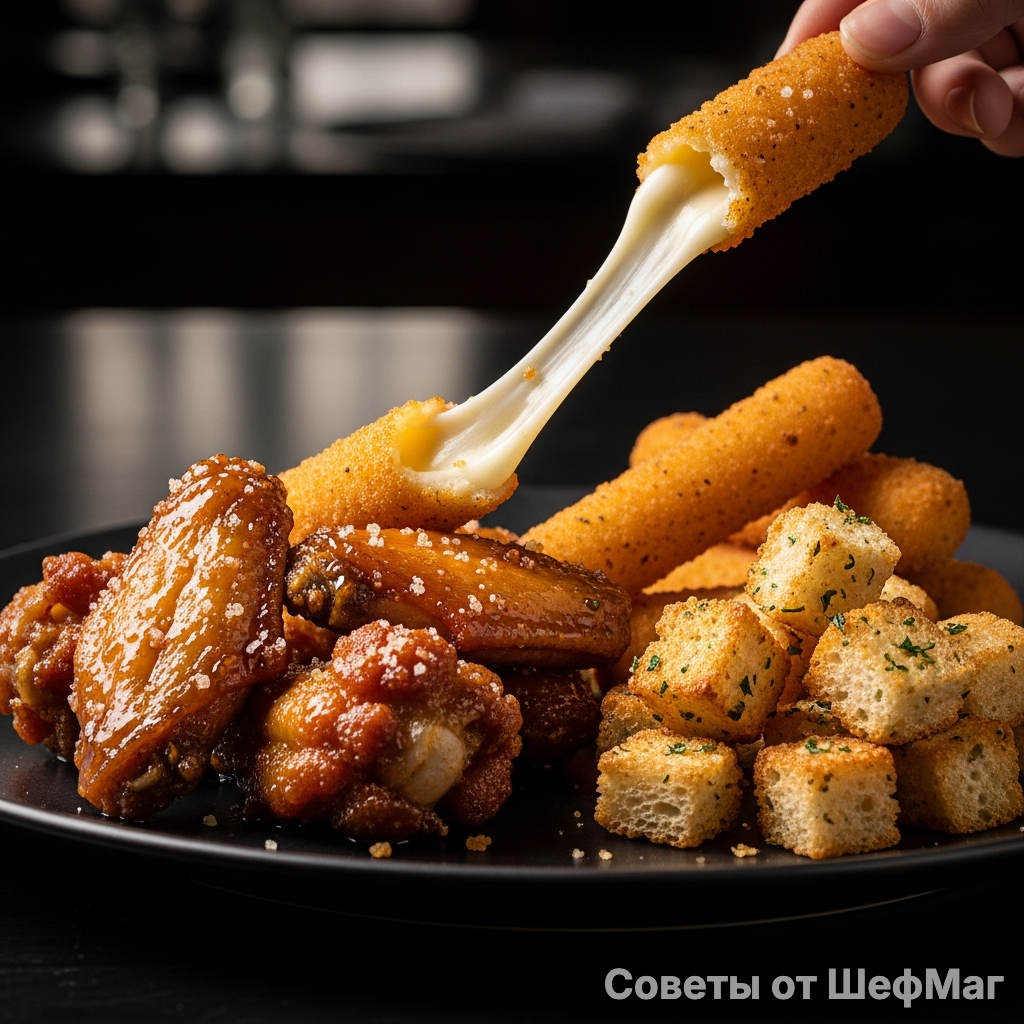 Трио домашних закусок: гренки, сырные палочки и глазированные крылышки.