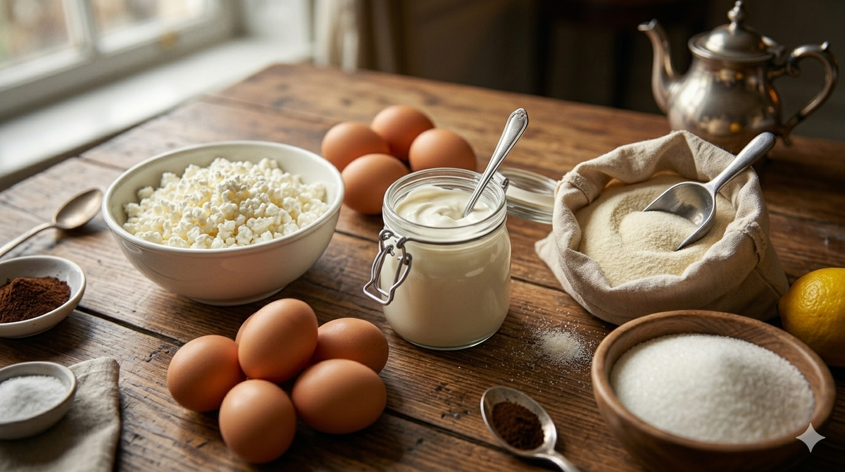 Творог 9% — 500 г.                                                         Яйца — 3 штуки.                                                                    Сахар — 4 столовых ложки.                                        Манная крупа — 3 столовых ложки.                        Сметана — 3 столовых ложки (в тесто).                    Ванильный сахар — 1 пакетик.                                    Соль — щепотка.                                                            Сливочное масло — для смазки формы.                      Сметана или варенье — для подачи.                             