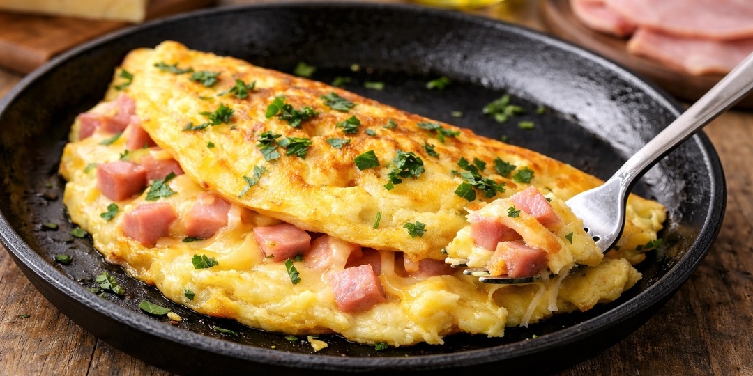 Пышный омлет с сыром и ветчиной на сковороде — быстрый завтрак за 5 минут