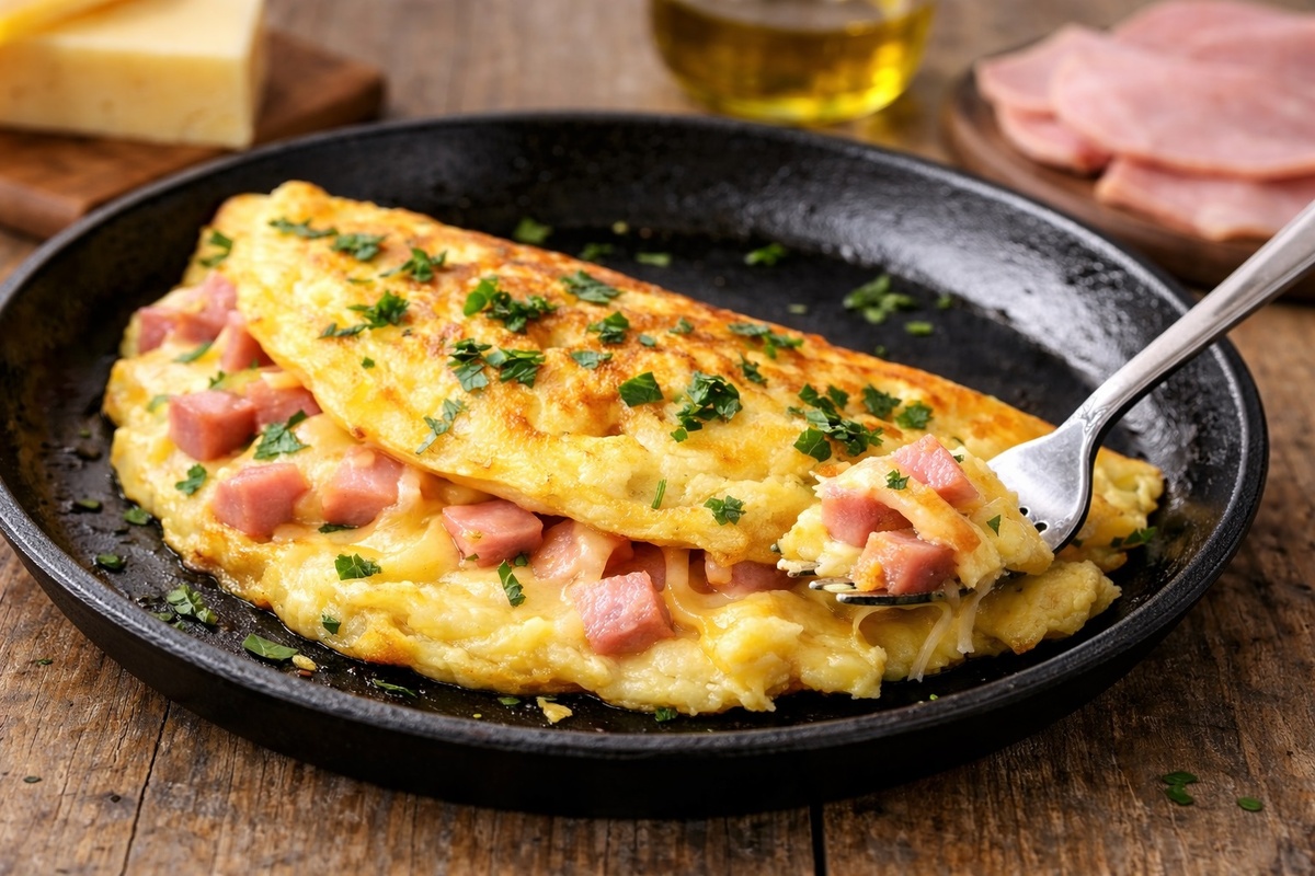 Омлет на сковороде с сыром и ветчиной