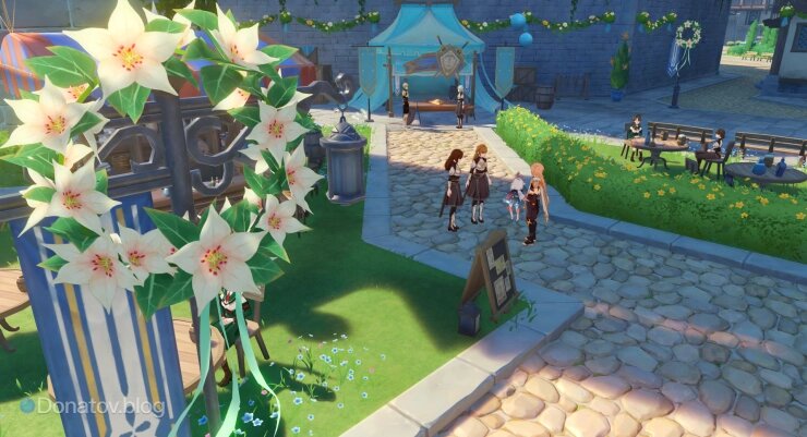    Путешественник и Паймон встречают Герту и Гленфидию на празднике в Мондштадте