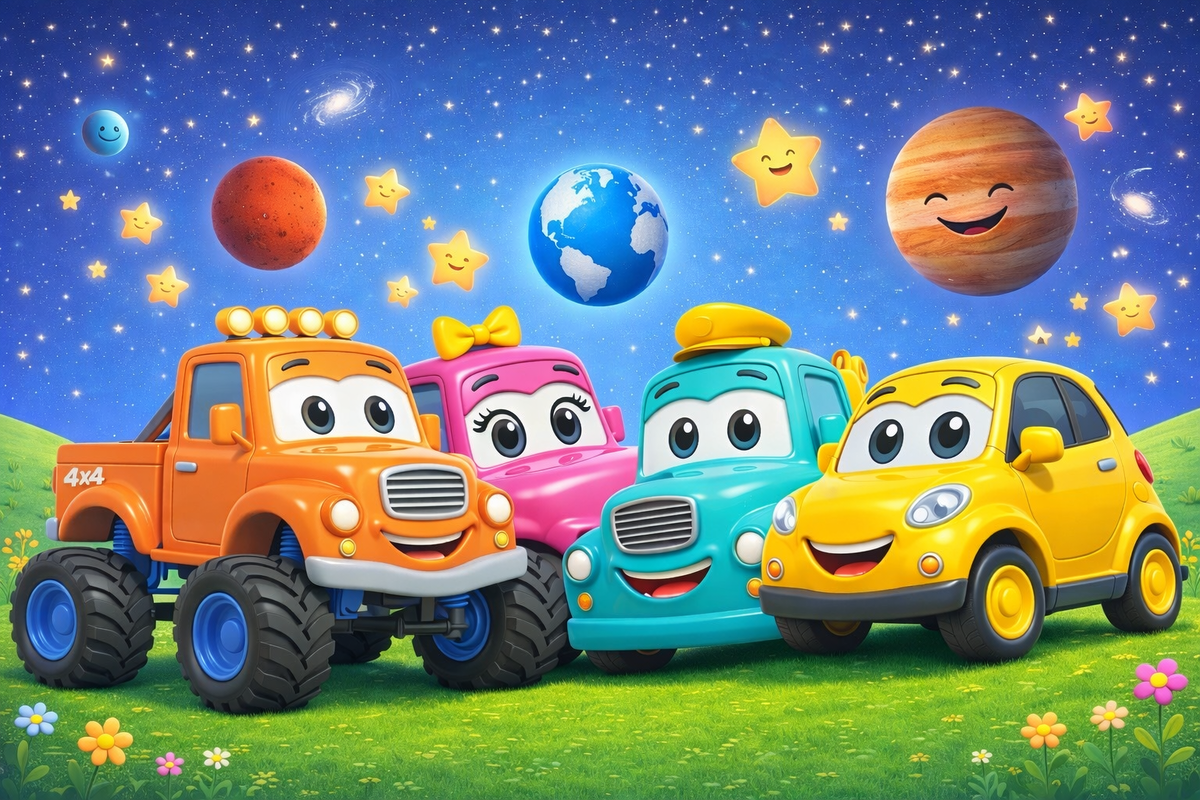 Герои развивающего мультфильма «Машинки-Знаюшки»: Тимми, Мощ, Груня и Бип на прогулке. Учим цвета, цифры и правила дорожного движения вместе с весёлыми машинками.