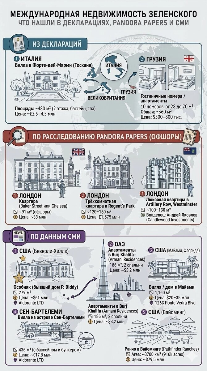    Карта иностранных владений Владимира Зеленского. Фото: Коллаж АиФ