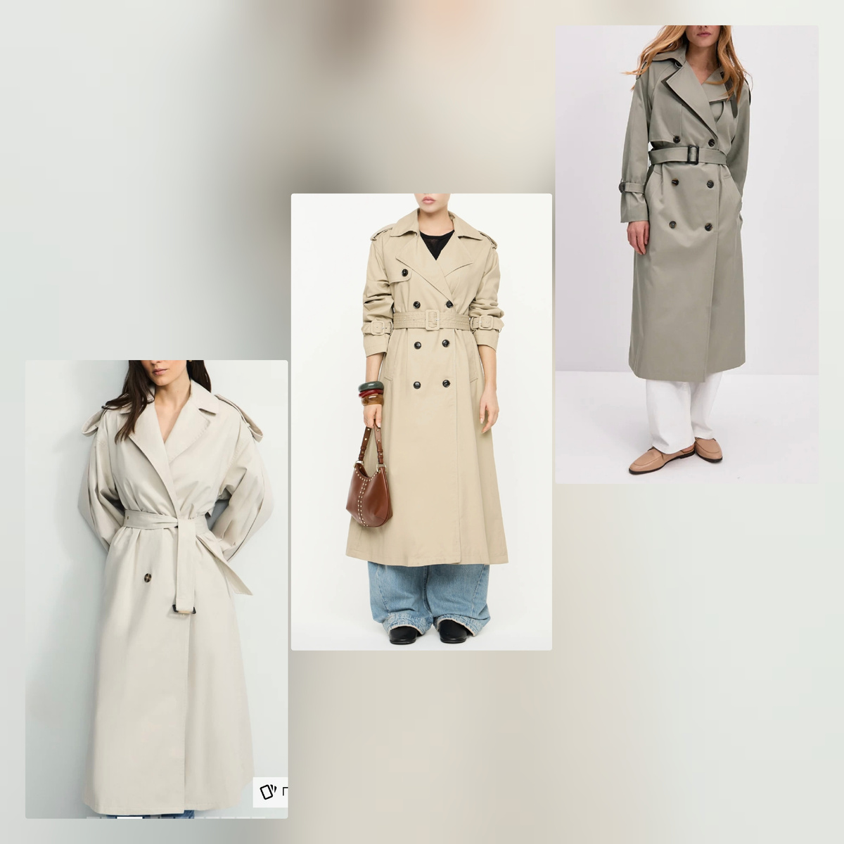 1. Плащ молочный с объёмным рукавами Zarina, арт ZR2604102220-60, 9999 руб. 2. Классический тренч от Maag, арт 0378492710, 8999 руб. 3. Серый тренч двубортный To be one, арт WOTI-2-G0-44, 15999 руб. 