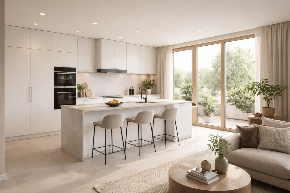 Современная кухня в квартире: минималистичный интерьер с островом и большими окнами