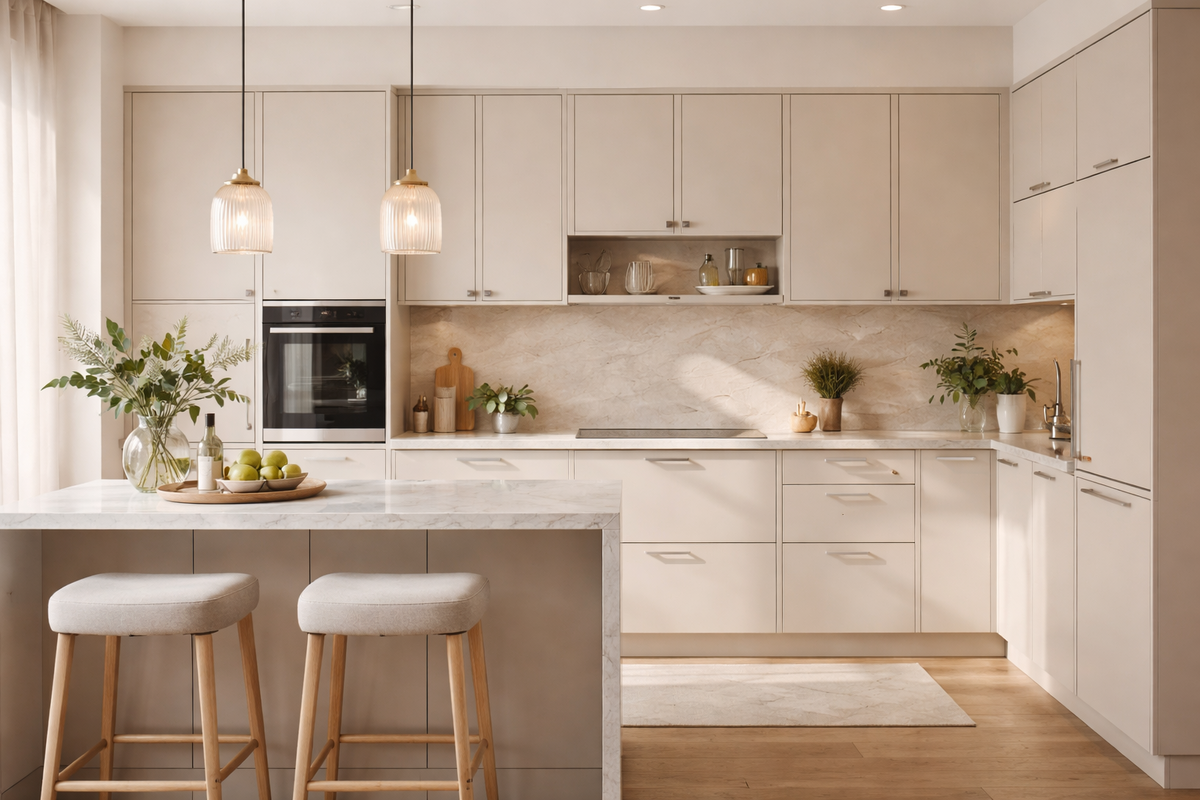 Современная кухня с аккуратным гарнитуром, светлыми фасадами и продуманной планировкой