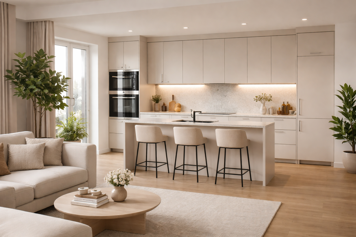 Просторная кухня-гостиная со встроенной кухней