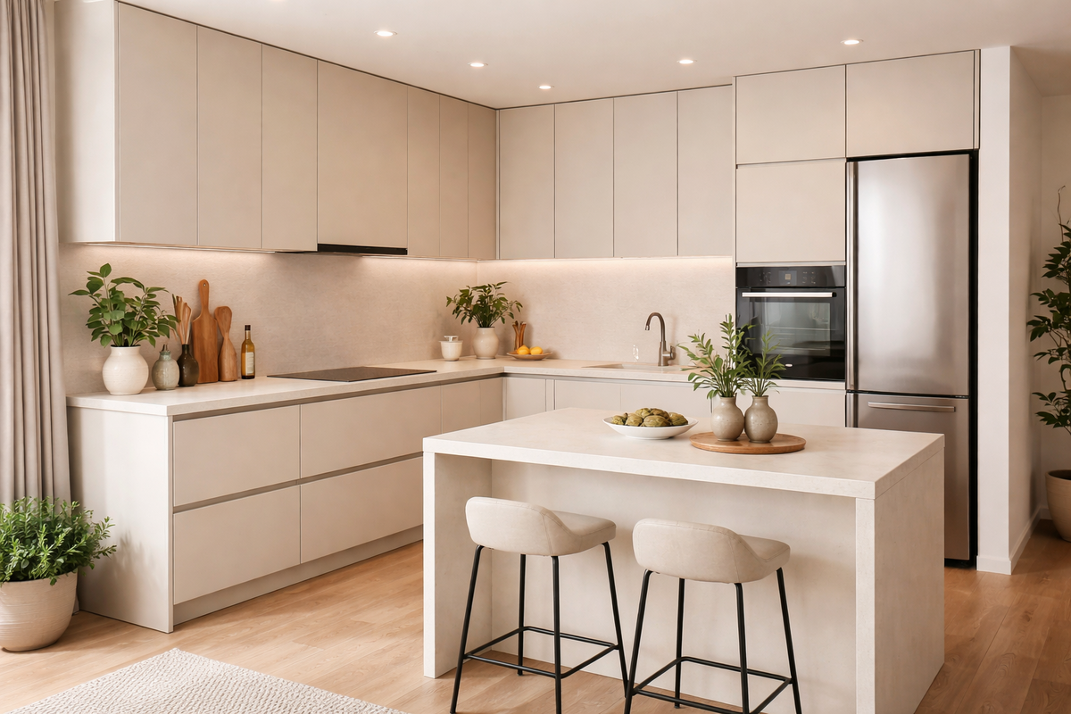 Современная встроенная кухня в спокойных бежевых оттенках
