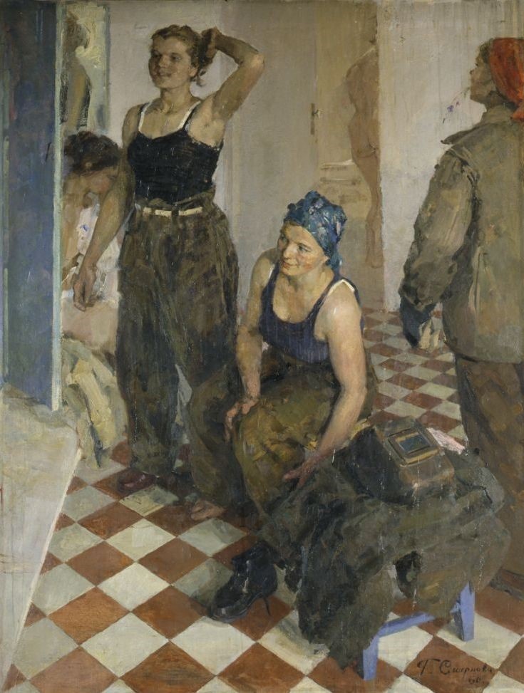 Г.А.Смирнова. Сварщицы. В заводской гардеробной. 1960. ГБУК Архангельской области ГМО "Художественная культура Русского Севера".