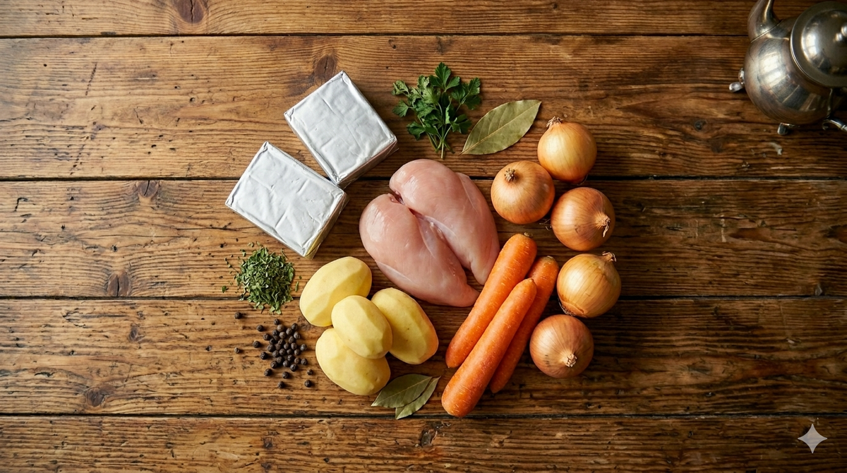 Куриное филе или бедро — 400 г.                            Плавленый сыр — 200 г (2 пачки по 100 г).            Картофель — 3 штуки.                                                  Морковь — 1 штука.                                                         Лук репчатый — 1 головка.                                         Мука — 1 столовая ложка.                                          Масло сливочное — 30 г.                                             Вода — 1,5 литра.                                                           Соль, перец белый — по вкусу.                                  Зелень петрушки и гренки — для подачи.                  