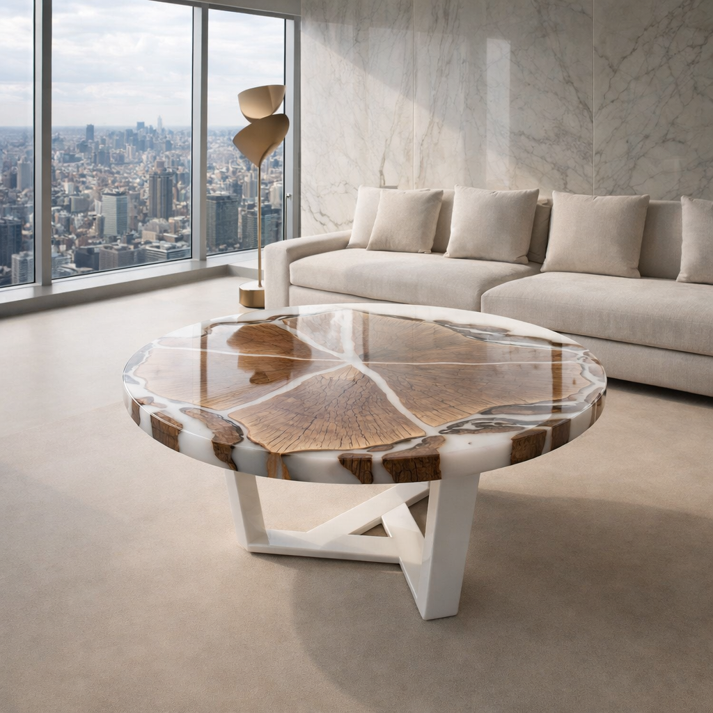 Журнальный круглый столик из эпоксидной смолы и ореха на заказ