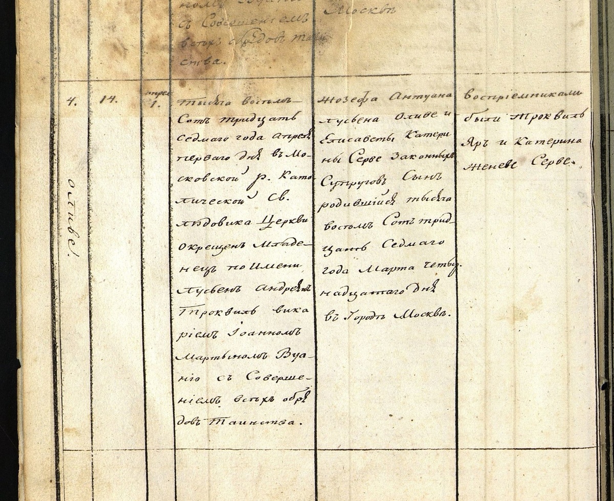     Запись о крещении Люсьена Оливье в метрической книге римско-католического храма Святого Людовика в Москве 1 апреля 1837 года. ЦГА Москвы. Ф. 2193. Оп. 1. Д. 9. Л. 10 об. Документ опубликован в книге Анны Кругловой «Кто вы, Люсьен Оливье? Подлинная история человека и его салата» / RT