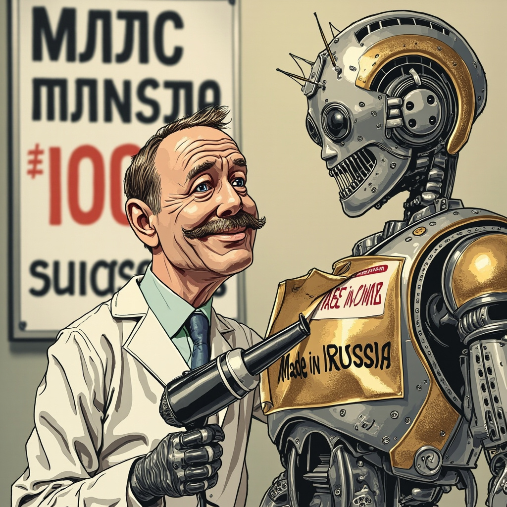  Сатирическое изображение учёного , который с помощью фена аккуратно счищает наклейку "Сделано в Китае" с футуристического робота. А затем прикрепляет блестящую золотую наклейку "Сделано в России" . На заднем плане - плакат с надписью "100%-ный успех! ". 