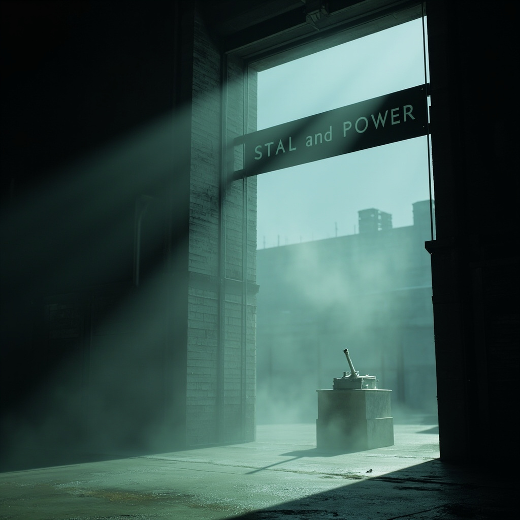  Массивные величественные заводские ворота с вывеской  "Сталь и мощь" . Через открытые ворота можно увидеть только один одинокий блестящий танк на постаменте . Заводской цех пуст и заполнен туманом. 