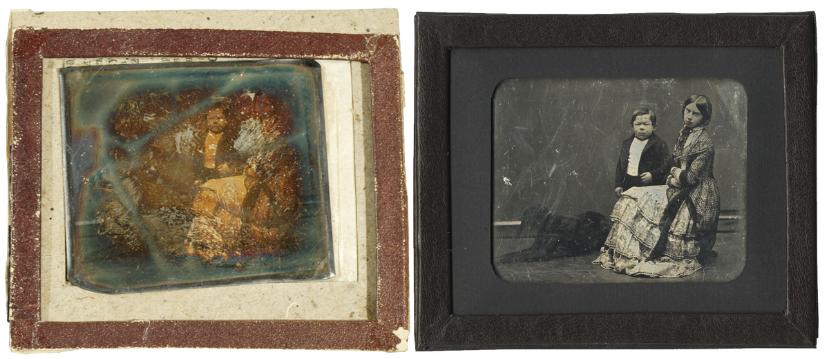 Неизвестный автор. Портрет неизвестных с собакой. Дагеротип. До реставрации (слева) и после химической очистки (справа)