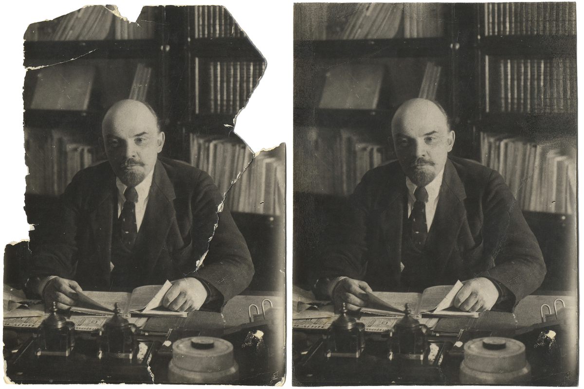 В. И. Ленин за рабочим столом в своем кабинете в Кремле. П. А. Оцуп. 16 октября 1918 г. Серебряно-желатиновый фотоотпечаток. До реставрации (слева) и после восполнения утрат и тонирования (справа)