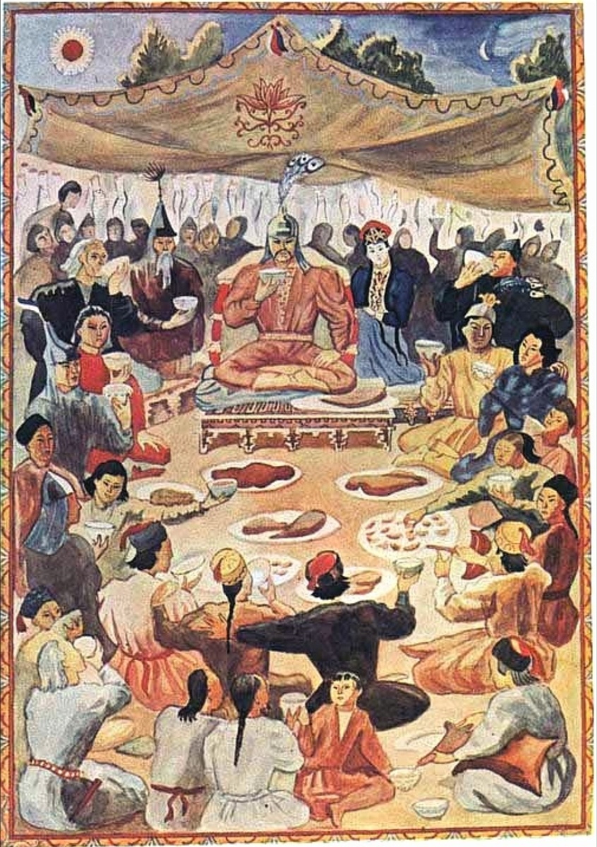 Картина из эпоса Джангар, главный богатырь Джангар со своей красавицей женой Ага Шавдл в шатре отмечает со своим народом победу над врагами.