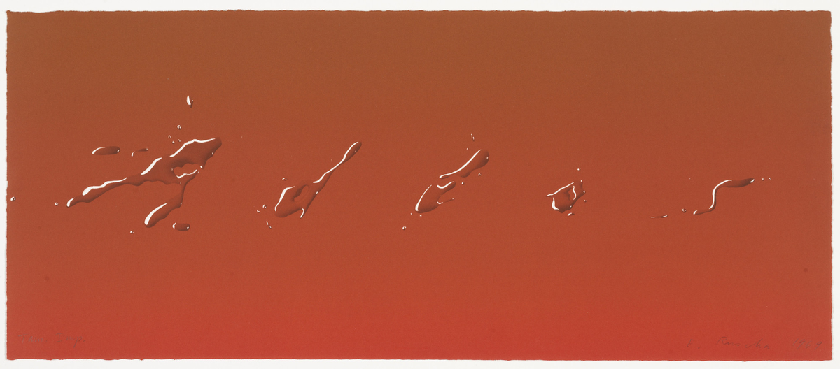 Adios 1969. Испанское слово "прощай" или "до свидания". Показывает как меняется визуальный язык, слово больше не кричит как в 60-е, оно становится более поэтичным. Лос-Анджелес - город, где ощущается влияние культуры Мексики и Латинской Америки. Это город, где творил Эд Руша. Именно он влиял на его творчество и чаще всего становился героем его работ, в разных проявлениях. 