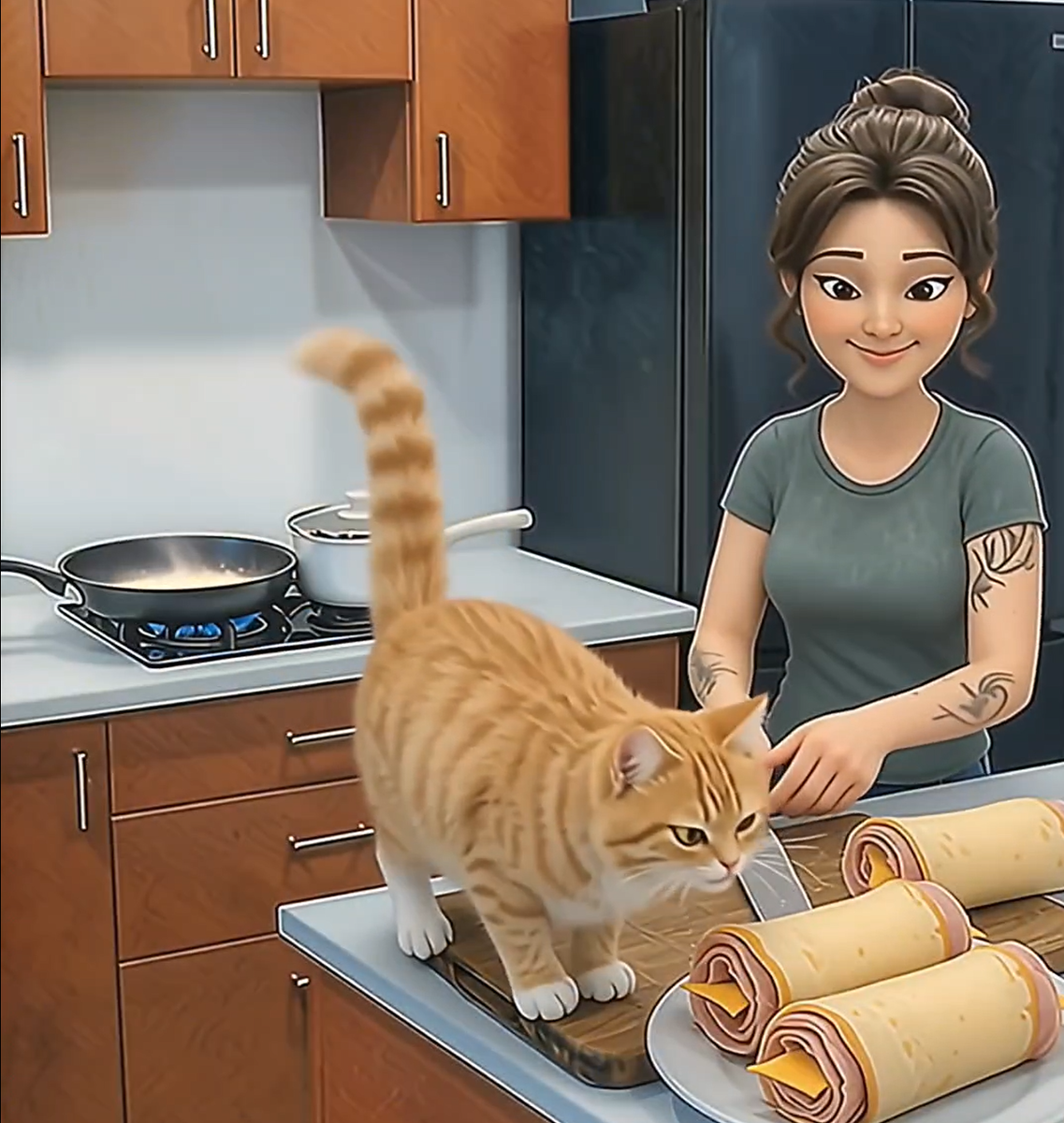 Пошаговый рецепт сытного завтрака и уникальное видео от нейросети: виртуальная хозяйка и её пушистый помощник в деле.