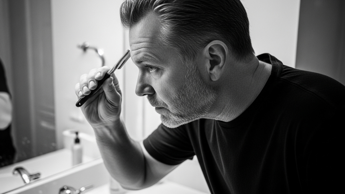 Мужчина средних лет стоит перед зеркалом, внимательно разглядывает своё отражение. Он в процессе бритья или укладки волос — заметны новые уходовые привычки.
