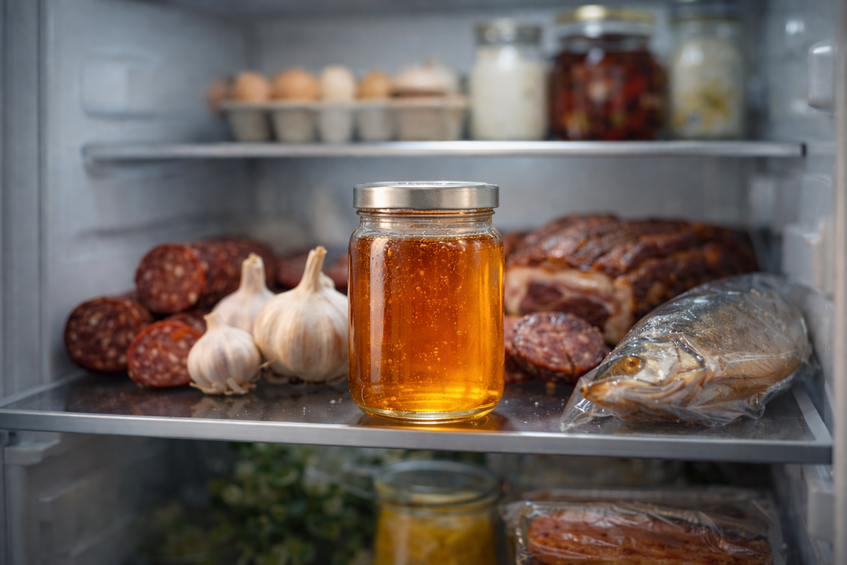 Мёд в холодильнике с копчёностями нельзя!