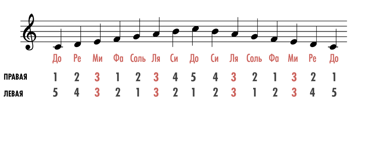 Аппликатура для гаммы До мажор. Ноты.
