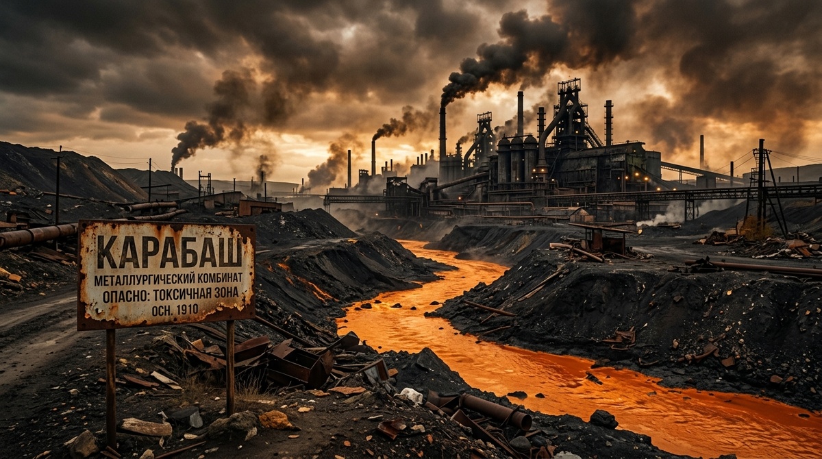 Пейзаж Карабаша, оранжевая река и черный шлак на фоне завода