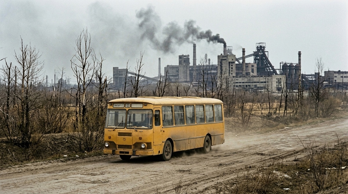 Советский рейсовый автобус едет на фоне дымящих труб завода в Карабаше
