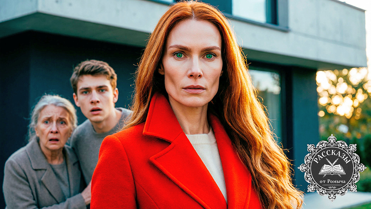 Красивая женщина с медными волосами и торжествующими зелеными глазами, одета в ярко-красное пальто, стоит на фоне подъезда. На заднем плане в расфокусе потрясенный мужчина и пожилая женщина в тусклой одежде смотрят ей вслед.