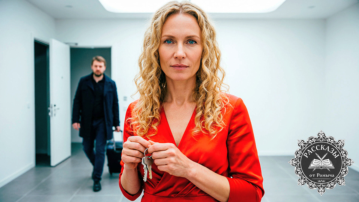 Женщина с голубыми глазами и светлыми волосами, в ярко-красном шелковом платье. Она стоит в центре пустой светлой комнаты, сжимая в руке связку стальных ключей. На заднем плане, в тусклых тонах, виден растерянный мужчина, уходящий с чемоданом к двери.