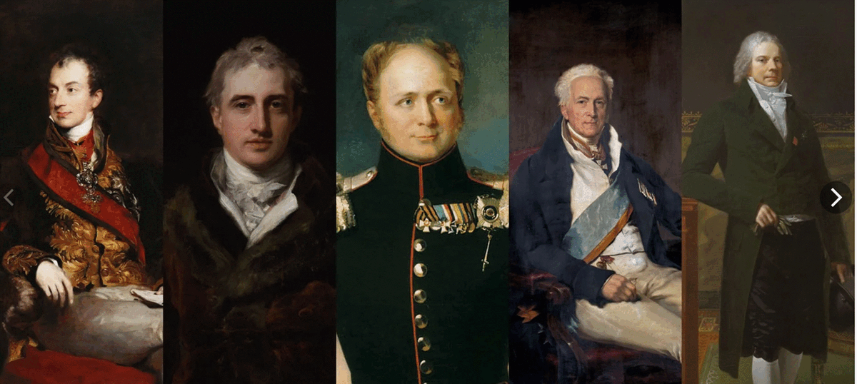 Главные участники Венского конгресса (слева направо): Клеменс фон Меттерних (Австрия), Роберт Каслри (Великобритания) Александр I (Россия), Карл фон Гарденберг (Пруссия), Шарль Морис де Талейран (Франция)