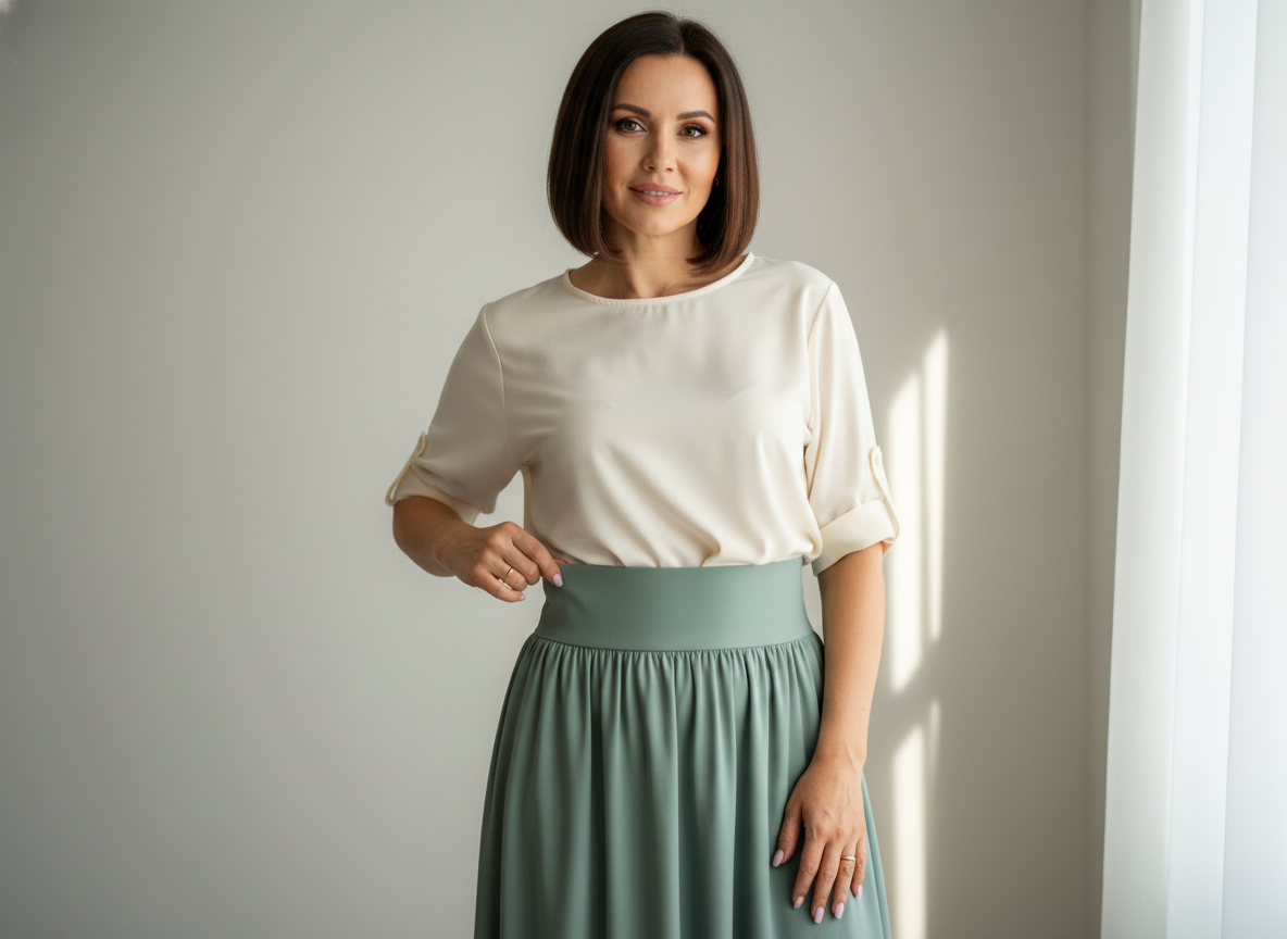 Юбка с плоским поясом спереди и сборкой сзади сидит ровнее и не добавляет объём по бокам