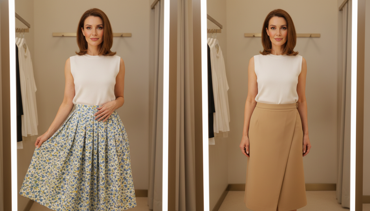 Сравнение в примерочной: юбка со складками от талии визуально расширяет бёдра, а юбка с запАхом стройнит