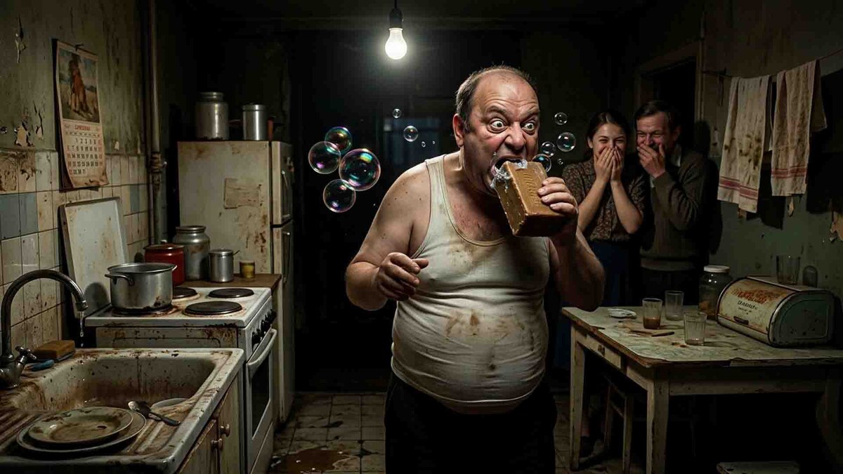 Поучительная история соседа Петровича, который в темноте коммуналки перепутал колбасу с куском хозяйственного мыла.