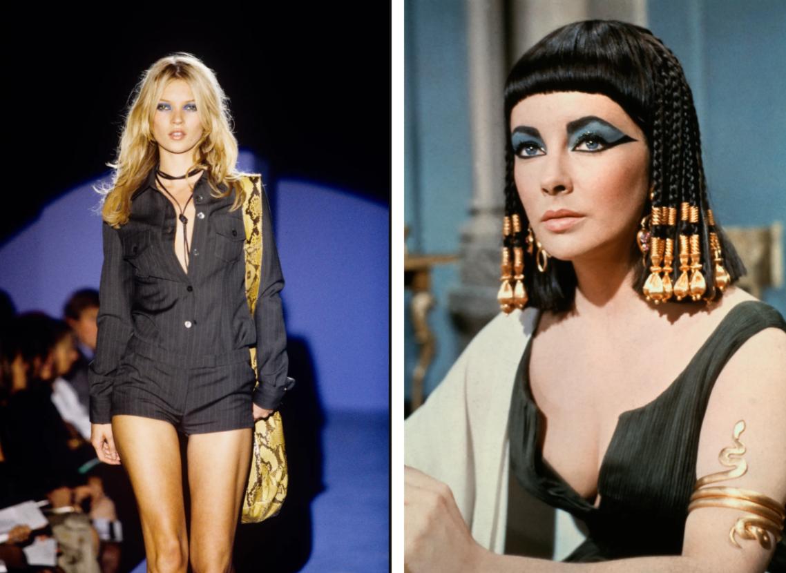 Кейт Мосс на показе весенней коллекции Gucci в 1996 году и Элизабет Тейлор в фильме «Клеопатра» (1963)
