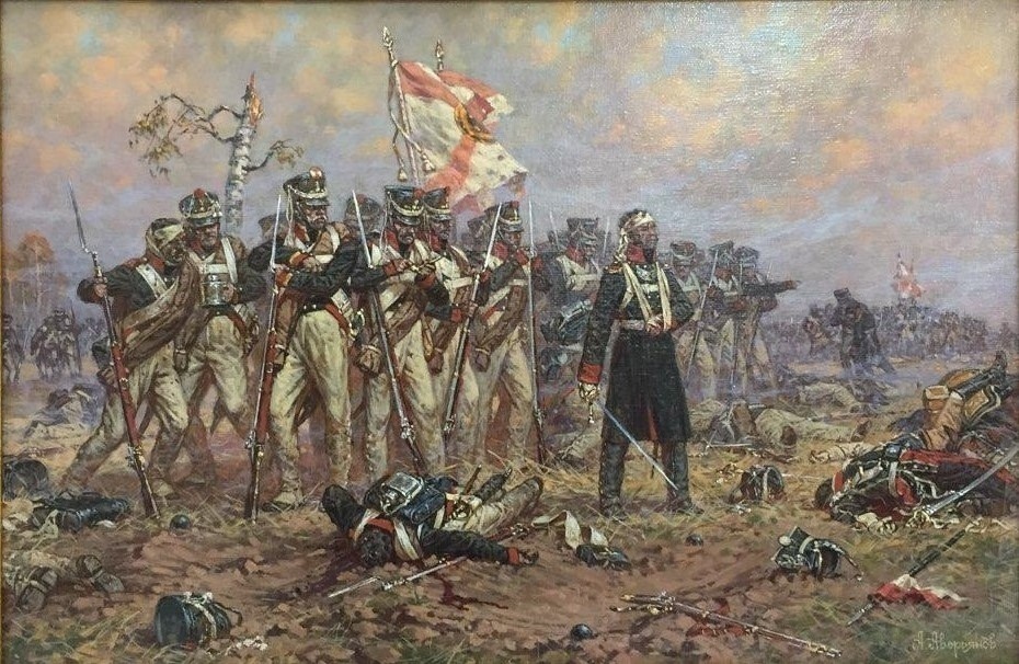 Картина художника-баталиста Александра Юрьевича Аверьянова «ВЫСТОЯЛИ. Астраханский гренадерский полк в Бородинском сражении». Написана в 2015 году. Художник не замалчивает грязь сражения: буквально на переднем плане — павший товарищ, а те, кто выстоял, окутаны пылью, дымом оружий, стоят молча. Важно отметить, что для каждого героя А.Ю. Аверьянов находит отдельный характер, практически собирая историю в лицах: уже старый вояка вполоборота смотрит куда-то вдаль, а молодой набивает трубку табаком… https://www.borodino.ru/novosti/fondy-muzeya-zapovednika-borodinskoe-pole-popolnilis-dvumya-zamechatelnymi-polotnami/ Гренадерская рота 2-го батальона находилась в составе Второй сводно-гренадерской дивизии 8-го пехотного корпуса 2-й Западной армии и почти полностью погибла в сражении при Бородине. В бою за Шевардинский редут и на Бородинском поле принял участие Астраханский гренадерский полк полковника Буксгевдена Ивана Филипповича из 2-й бригады 2-й гренадерской дивизии генерал-майора принца Карла Августа Христиана Мекленбург-Шверинского в составе 8-го пехотного корпуса генерал-лейтенанта Бороздина Михаила Михайловича в составе 2-й армии под командованием генерала от инфантерии князя Багратиона Петра Ивановича. Четырежды ранен и убит полковой командир полковник И. Ф. БУКСГЕВДЕН, а всего выбыло из строя офицеров 36, нижних чинов 932. Ссылка: https://dzen.ru/a/aL2ZAfl4-3bC9O2u Остатки Астраханского гренадерского полка с поля Бородино вывел капитан Татаринов, временно принявший командование полком. Ссылка: https://dzen.ru/a/aNLHr0HjOAch-eKv