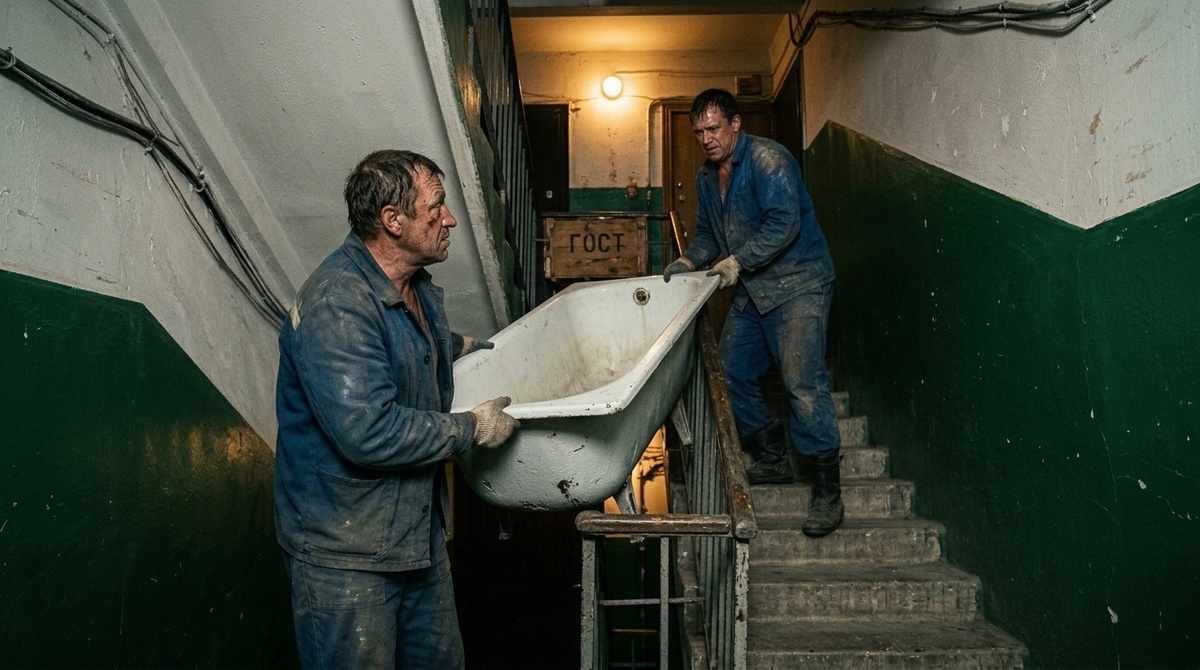 Советские грузчики с трудом несут тяжелую чугунную ванну по узкой лестнице хрущевки.