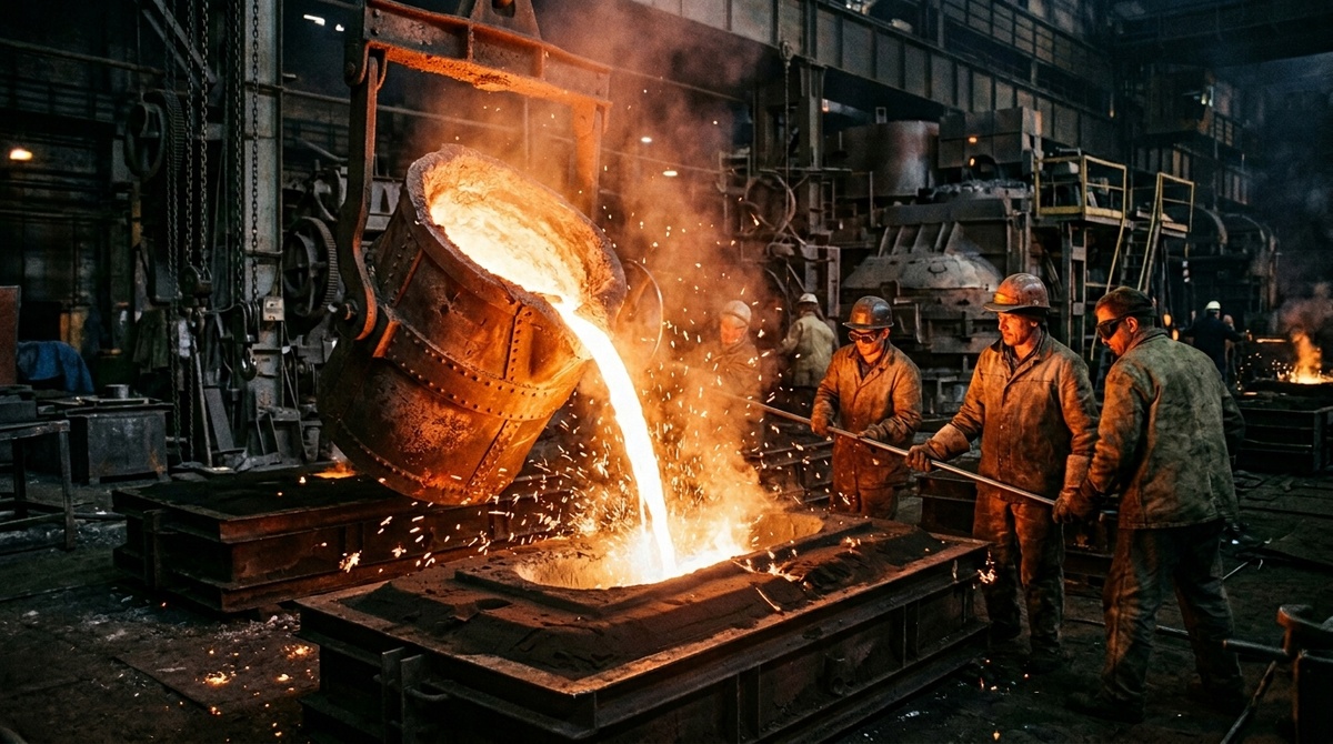 Процесс отливки чугунной ванны из расплавленного металла на советском заводе