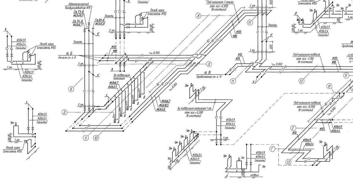 Фрагмент аксонометрии, которую случайно получил с РД в 2020 и считаю ее эталонным примером. Разрабатывал ее крупный проектный институт с югов, что крайне удивило. В целом крупные региональные игроки по проектному делу иногда работают лучше и понятнее, чем в столицах, и при меньшем ФОТ