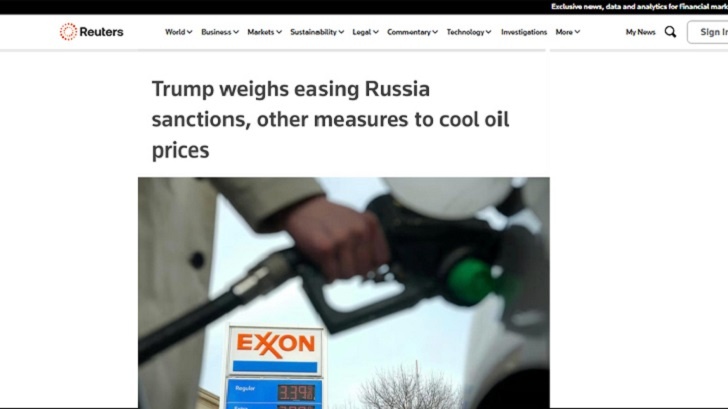    Reuters: "Трамп рассматривает смягчение санкций против России и другие меры для снижения цен на нефть" - резкий скачок цен на энергоносители заставил Трампа прибегнуть к крайним мерам. Скриншот: Reuters
